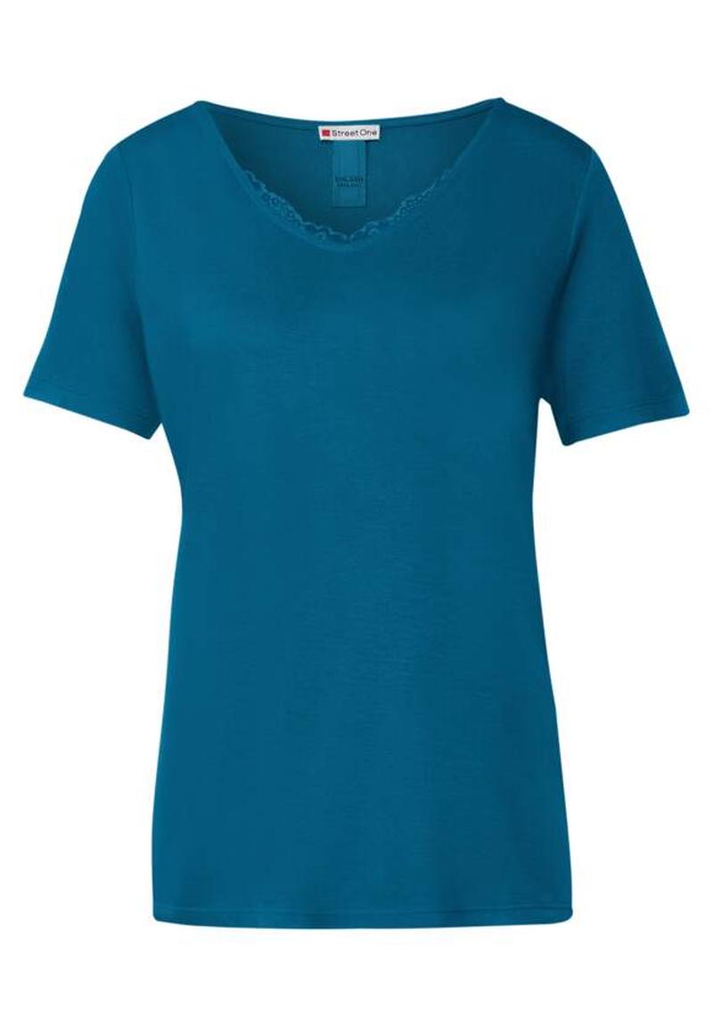 Street One V-Hals Shirt mit Spitzenkante Deep Splash Blue