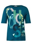 CECIL T-Shirt mit glitzerndem Wordingprint Teal Blue